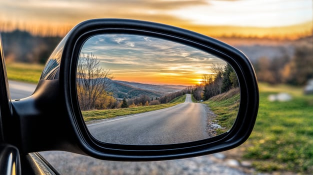 Scenic sunset road reflecting in car mirror during autumn road trip photo