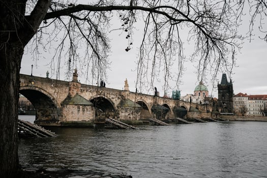 Charles bridge in prague, czech republic, on a cloudy winter day, framed by bare tree branches photo