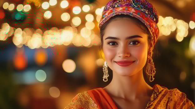 Woman in traditional attire with bright festive lights in the background. International Women's Day photo