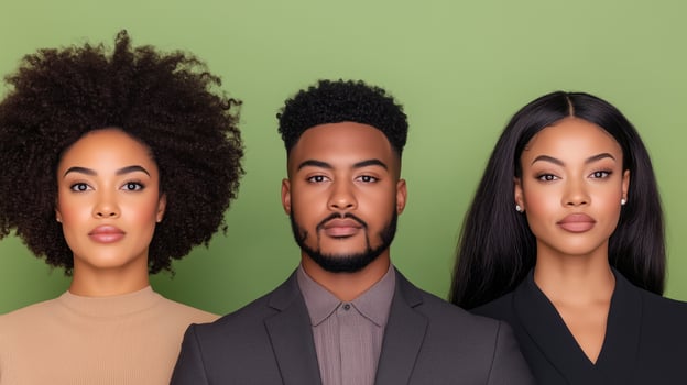 Three Professionals with Coily and Straight Hairstyles Against Green Background for Corporate and Diversity Theme photo
