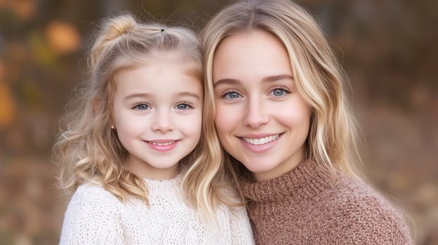 Joyful Mother and Daughter Smiling in Sweaters Outdoors During Autumn in Natural Light for Family Bonding and Lifestyle Photography photo