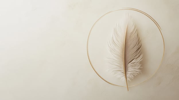 Minimalist feather inside circular frame on textured background for elegant decor photo