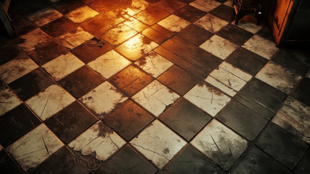 Worn checkerboard tile floor with warm light reflection and weathered texture photo