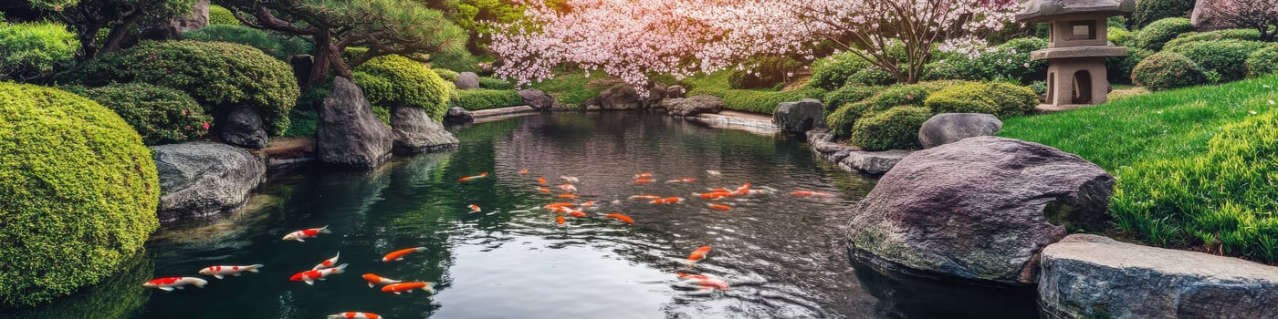 Tranquil japanese garden with koi fish pond and cherry blossoms in spring photo