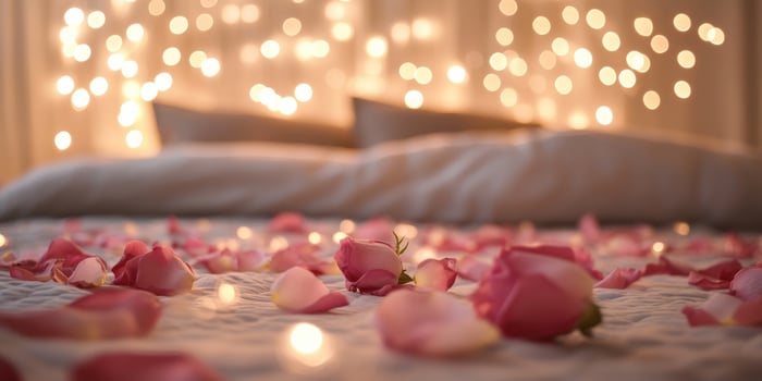 Romantic pink rose with petals on bedroom floor and soft bokeh lights in background photo