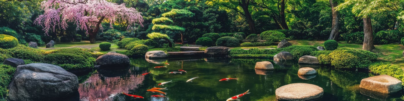 Tranquil japanese garden pond with koi fish and cherry blossom trees in springtime photo
