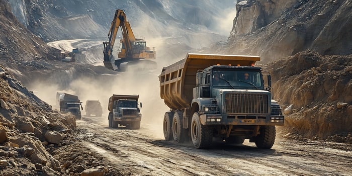 Heavy construction vehicles, including dump trucks and excavator, working in a dusty quarry environment photo