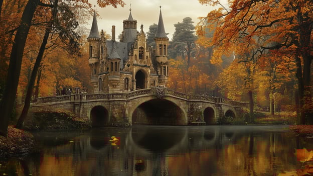 Autumn reflection of a castle surrounded by colorful trees in a serene landscape photo