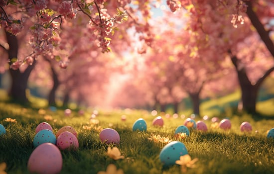 Colorful Easter eggs scattered under cherry blossom trees in a vibrant spring setting photo
