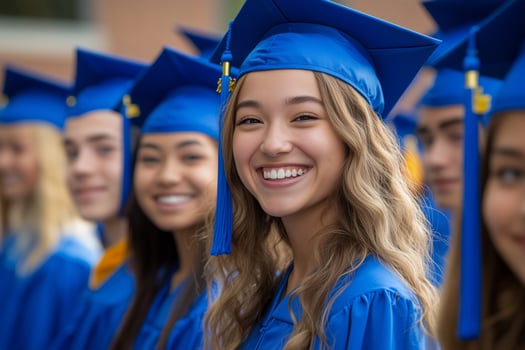 Graduation ceremony with students celebrating in blue caps and gowns outdoors photo