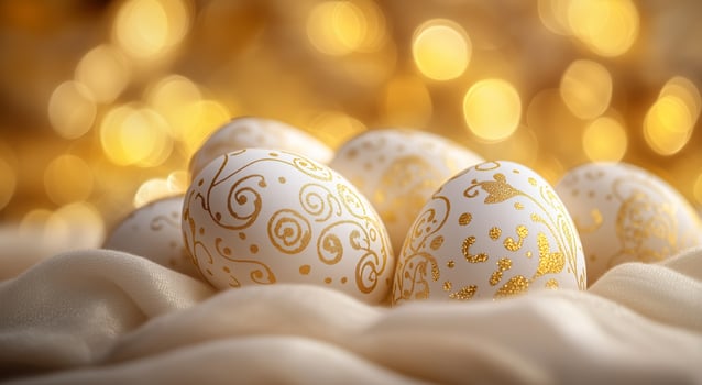 Beautifully decorated eggs on a soft fabric surface with golden bokeh background photo