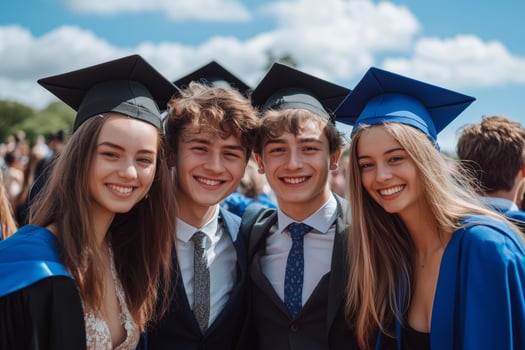 Friends celebrate after graduation ceremony in sunny outdoor setting with graduation caps photo
