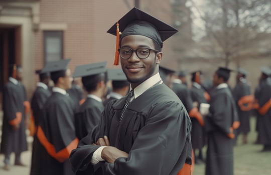Proud graduate celebrating a significant achievement at an academic ceremony outdoors photo