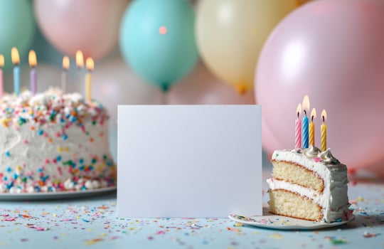Birthday celebration with cake, balloons, and a blank card for messages photo