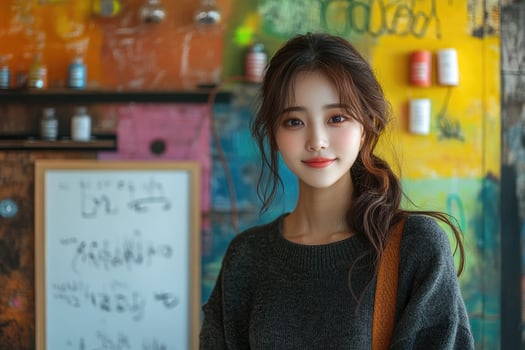 Young Woman Posing Against Colorful Graffiti Wall photo