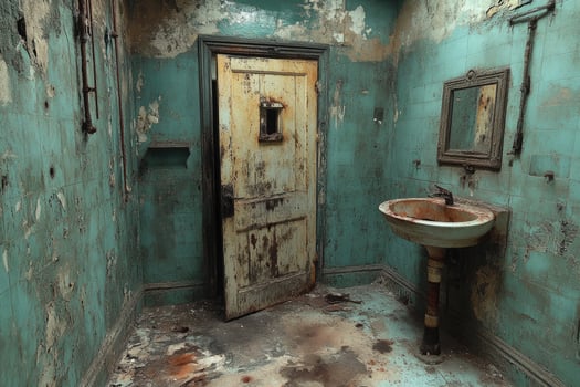 Abandoned Bathroom With Rusted Sink And Peeling Paint photo