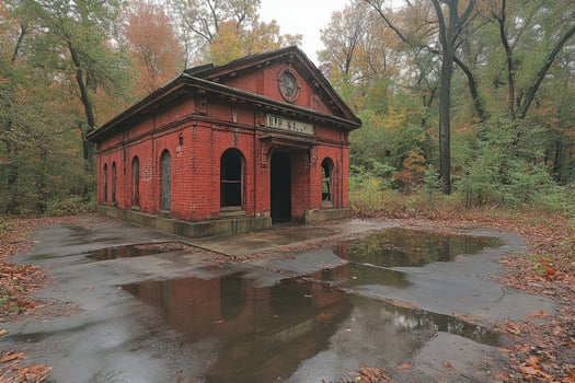 Abandoned Brick Building Autumn Woods Setting photo