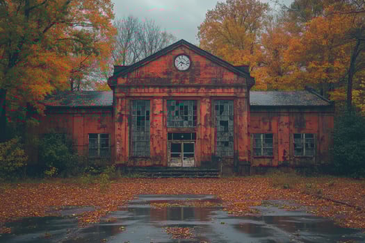 Abandoned Brick Building Autumn Leaves Clock photo