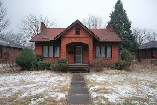 Abandoned Brick Bungalow House Winter Scene photo