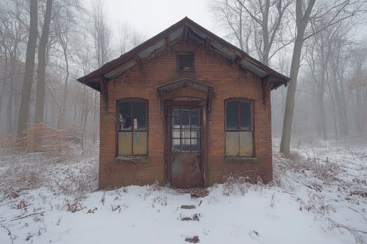 Abandoned Brick House Winter Forest Setting photo
