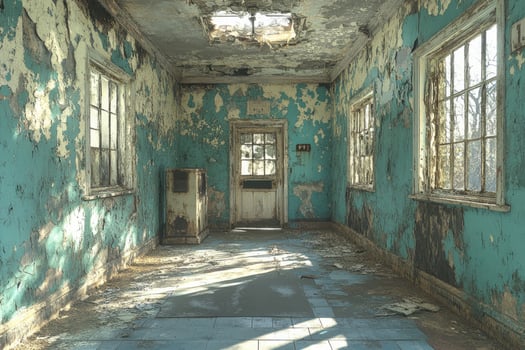 Abandoned building hallway with peeling paint and damaged floor photo