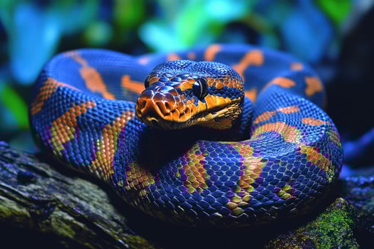 A Blue And Orange Python Rests On Wood photo