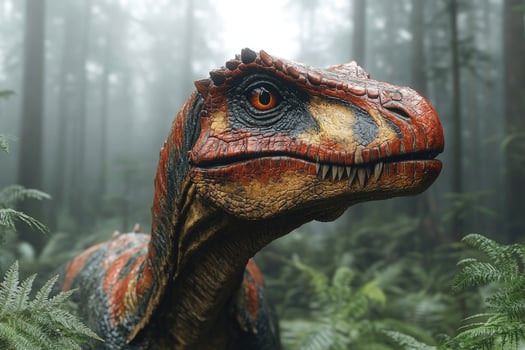 A Colorful Dinosaur Roams a Misty Forest photo