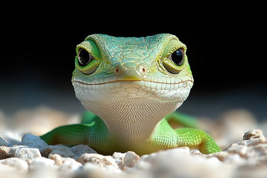 A Green Lizard Posing Amongst White Pebbles photo