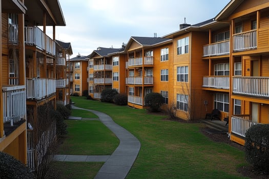 Apartment complex with walkways and grassy areas photo