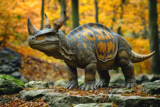 A prehistoric rhinoceros stands in an autumn forest photo