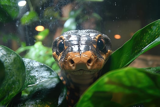 A reticulated python peers through lush green foliage photo
