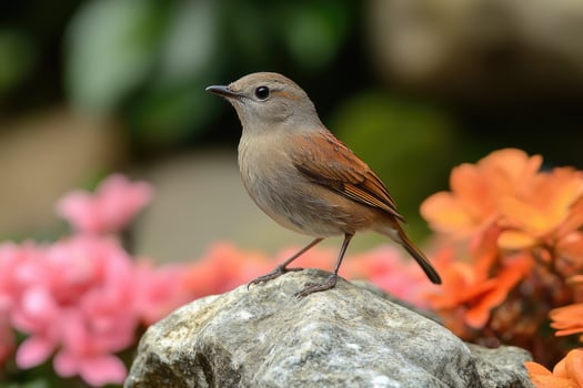 A Small Brown Bird Perched On A Rock photo