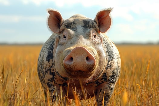 A Spotted Pig Stands in Golden Grass Field photo