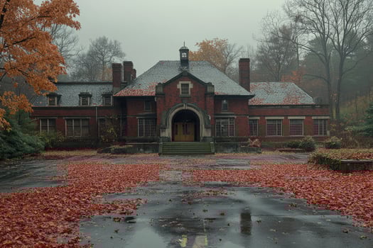 Autumnal Brick Building Overgrown With Fallen Leaves photo
