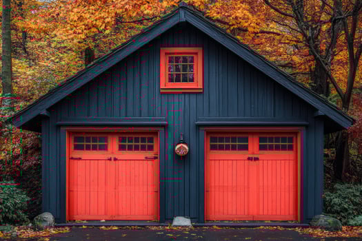 Autumnal Setting Featuring a Dark Blue Garage with Red Doors photo