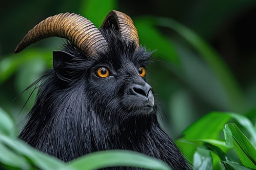 Black Goat With Long Horns In Lush Greenery photo