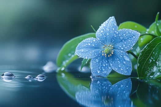 Blue Flower Dew Drops Water Reflection Serenity photo