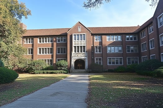 Classic Brick Building With Central Entrance And Lawn photo