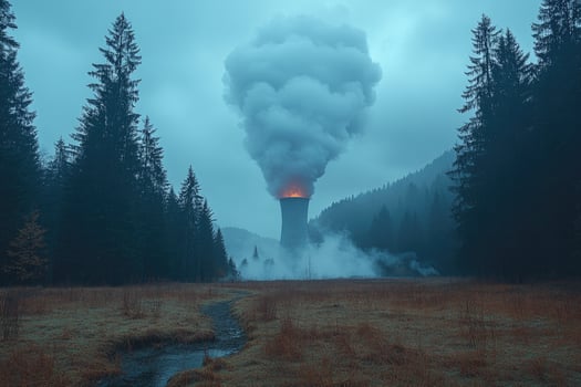 Cooling Tower Smoke Emission in a Forest Landscape photo