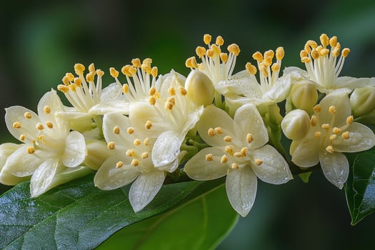 Delicate Cluster of Creamy White Flowers on Green Leaves photo