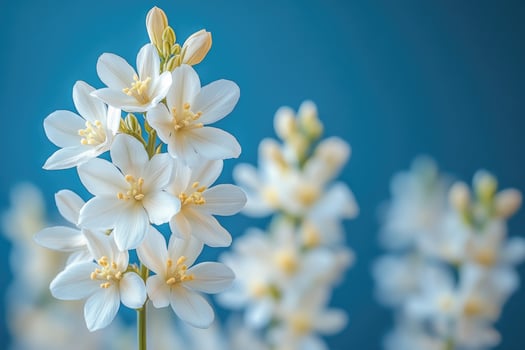 Delicate white flowers bloom against a blue background photo