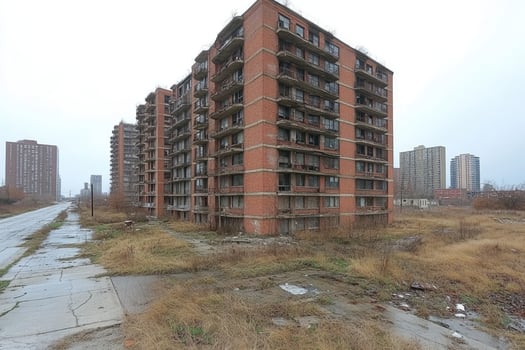 Derelict Brick Apartment Buildings Urban Decay Scene photo