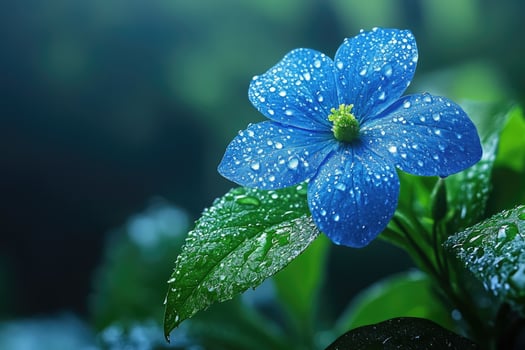Dew Kissed Blue Flower And Green Leaves photo