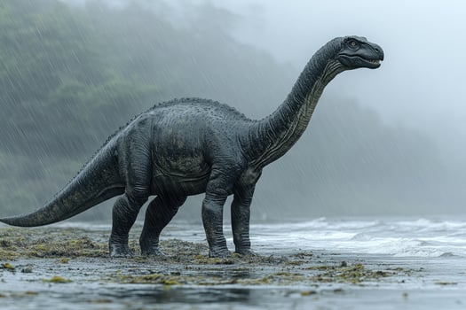 Dinosaur Stands on Rainy Beach Coastal Scene photo