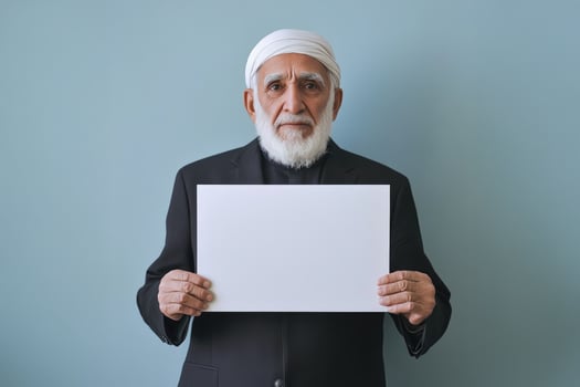 Elderly Man Holding Blank Sign Wearing Traditional Headwear photo