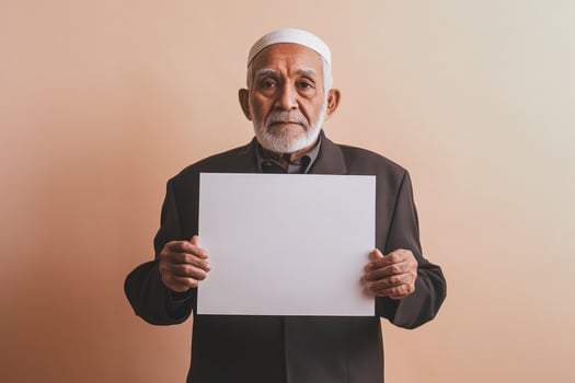 Elderly Man in Traditional Clothing Holding Blank Sign photo