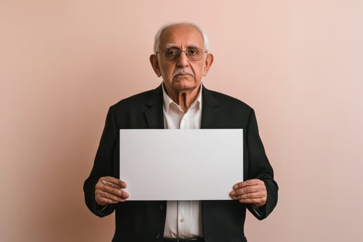 Elderly Man In Suit Holds Blank White Sign photo