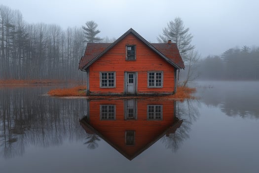 Flooded Orange House Reflecting In Still Water photo