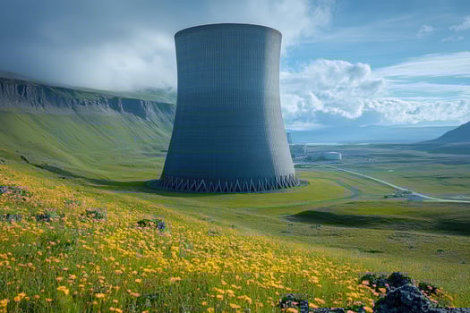 Geothermal Power Plant Amidst a Blooming Highland Meadow photo