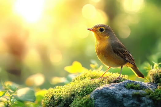Golden Bird Perched on Mossy Rock in Sunlight photo